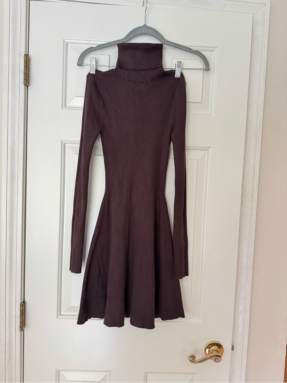 Zara Ribbed Turtleneck Long-Sleeve Dress in Chocolate